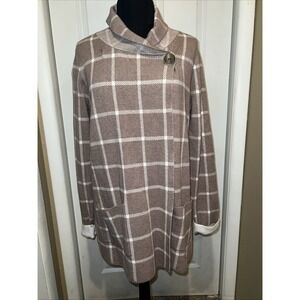 Jones NY Sweater Jacket L Taupe/Cream Plaid Snap Faux Button Long Sleeve Viscose